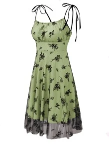 SHEIN Unity 網紗覆蓋肩上打結吊帶洋裝 - 綠色 - 查看 3