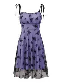 SHEIN Unity Đầm Tương phản Mesh Thắt nút Dây kéo Hoa Thanh lịch - Màu tím  Violet - Xem 1
