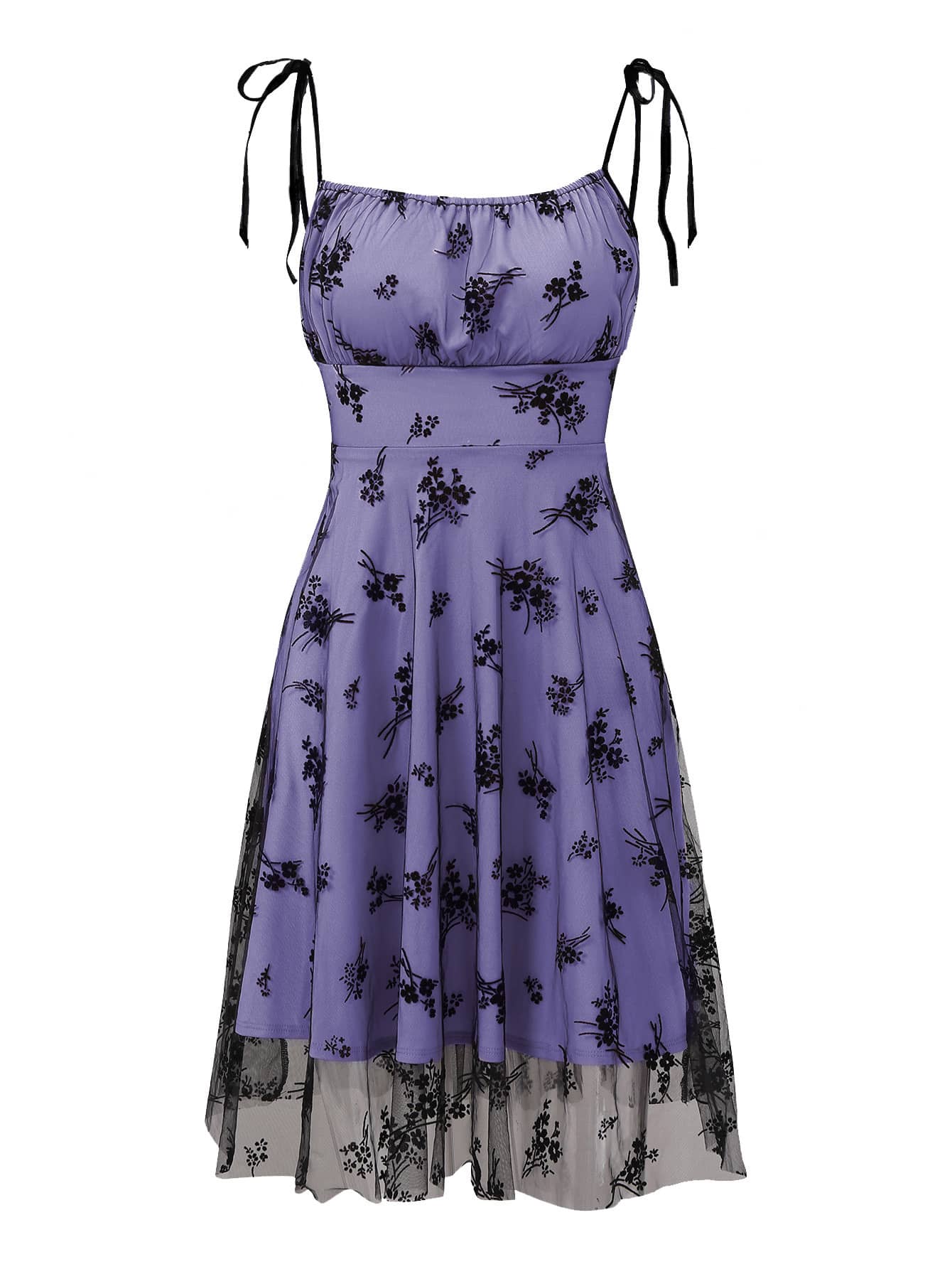 SHEIN Unity Đầm Tương phản Mesh Thắt nút Dây kéo Hoa Thanh lịch - Màu tím Violet - Xem 1