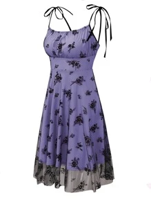 SHEIN Unity Đầm Tương phản Mesh Thắt nút Dây kéo Hoa Thanh lịch - Màu tím  Violet - Xem 3