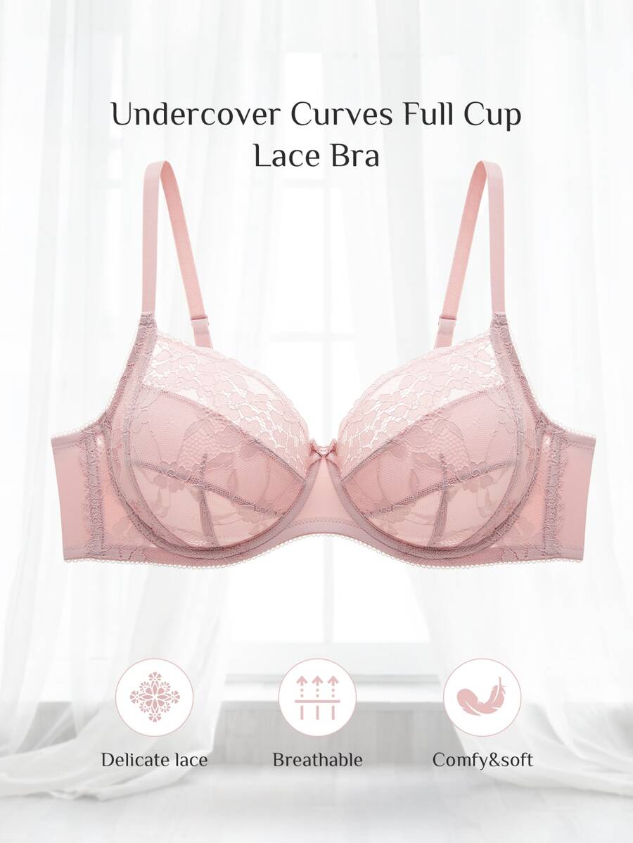 LUVLETTE Lencería sexy de talla grande, sujetador de encaje con cobertura completa y sin forro - Rosa - Ver 1