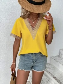 SHEIN LUNE 拼接水溶蕾絲襯衫 - 黃色 - 查看 4