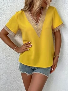 SHEIN LUNE 拼接水溶蕾絲襯衫 - 黃色 - 查看 6