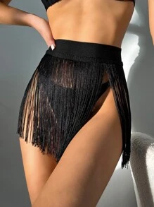 Swim SXY Summer Beach Fringe Trim Cover Up Without Bikini Panty - Black - View 1