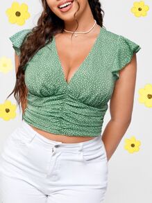 SHEIN VCAY Plus Ditsy Floral Ruched Butterfly Sleeve Crop Blouse