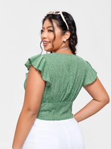 SHEIN VCAY Plus Ditsy Floral Ruched Butterfly Sleeve Crop Blouse