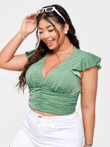 SHEIN VCAY Plus Ditsy Floral Ruched Butterfly Sleeve Crop Blouse