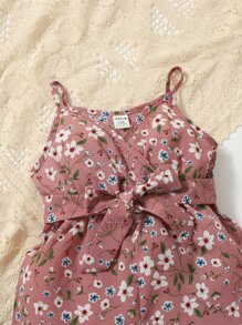 SHEIN 嬰兒女童花卉印花腰帶肩帶連體褲 - 藕粉色 - 查看 3