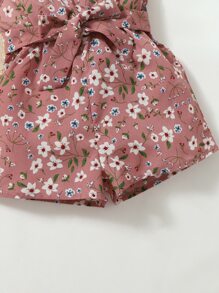 SHEIN 嬰兒女童花卉印花腰帶肩帶連體褲 - 藕粉色 - 查看 4