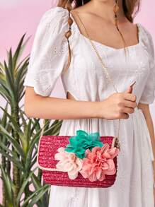 Contrast Binding Flap Chain Straw Bag - Hot Pink - View 1