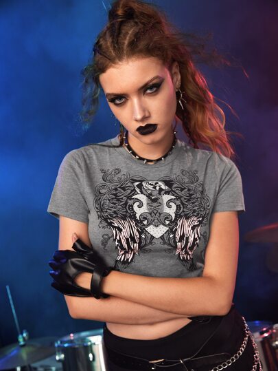 Grunge Punk T-shirt à imprimé aile à strass