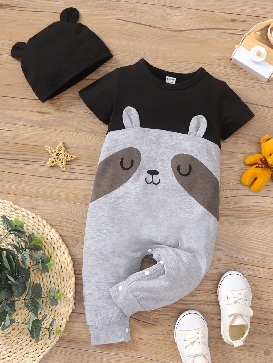 男嬰拼接面卡通圖案T恤連體褲 - 灰色 - 查看 1