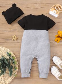 男嬰拼接面卡通圖案T恤連體褲 - 灰色 - 查看 2