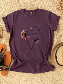 SHEIN LUNE Camiseta con estampado de pata y diente de león - Morado - Ver 1