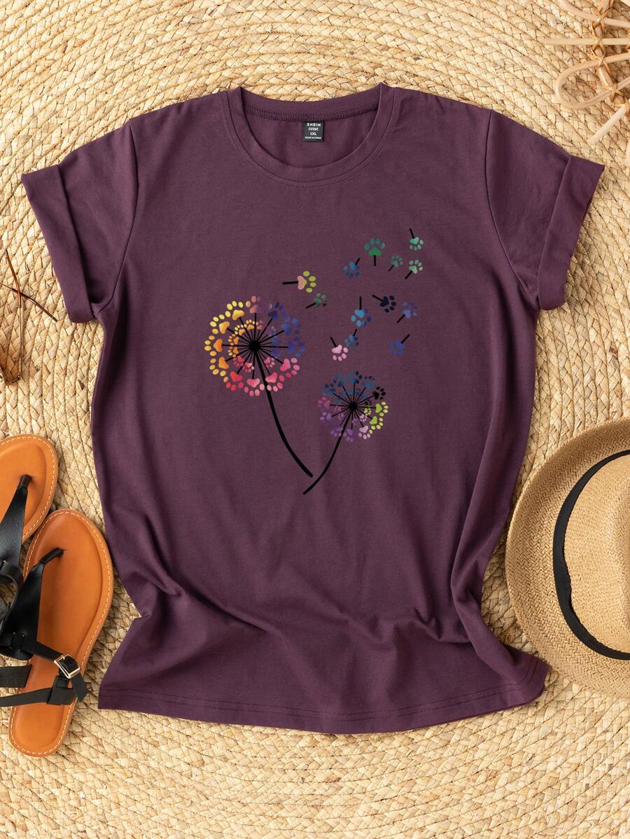 SHEIN LUNE Camiseta con estampado de pata y diente de león - Morado - Ver 1