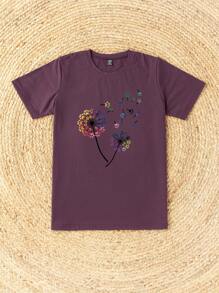 SHEIN LUNE Camiseta con estampado de pata y diente de león - Morado - Ver 4