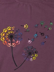 SHEIN LUNE Camiseta con estampado de pata y diente de león - Morado - Ver 5