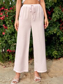 Pantalones de pierna ancha con estampado geométrico con nudo delantero - Rosa Pálido - Ver 1