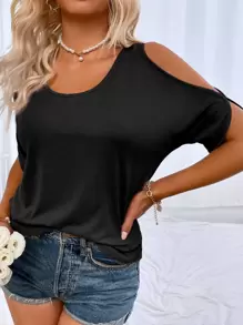 Scoop Neck Cold Shoulder Tee - Black - View 1