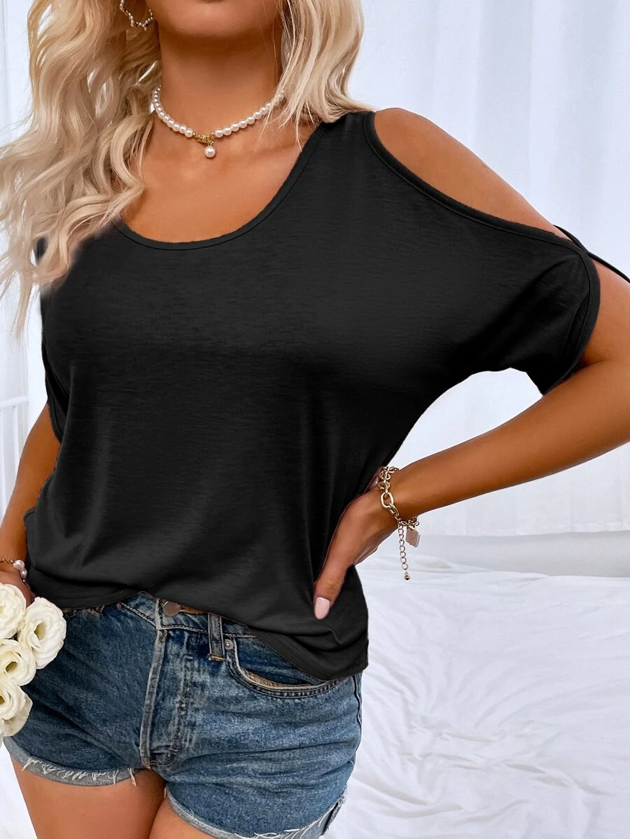 Scoop Neck Cold Shoulder Tee - Black - View 1