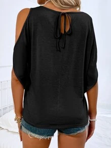 Scoop Neck Cold Shoulder Tee - Black - View 2