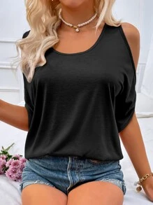 Scoop Neck Cold Shoulder Tee - Black - View 4