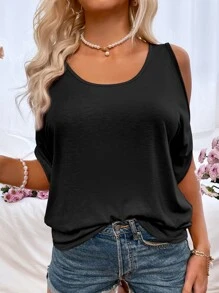 Scoop Neck Cold Shoulder Tee - Black - View 5