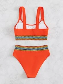 SHEIN Swim Neon Orange Striped Tape Bikini Set Contrast Trim Tank Bra & High Waisted Bottom 2 Pieces Bathing Suit, For Summer Beach Vacation - Coral Orange - View 4