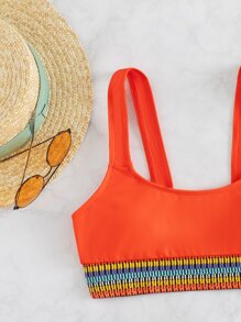 SHEIN Swim Neon Orange Striped Tape Bikini Set Contrast Trim Tank Bra & High Waisted Bottom 2 Pieces Bathing Suit, For Summer Beach Vacation - Coral Orange - View 5
