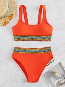 SHEIN Swim Neon Orange Striped Tape Bikini Set Contrast Trim Tank Bra & High Waisted Bottom 2 Pieces Bathing Suit, For Summer Beach Vacation - Coral Orange - View 7