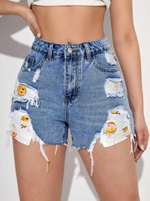 Cartoon Graphic Ripped Raw Hem Denim Shorts - Medium Wash - View 1