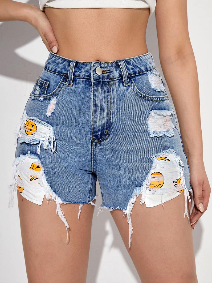 Cartoon Graphic Ripped Raw Hem Denim Shorts - Medium Wash - View 1