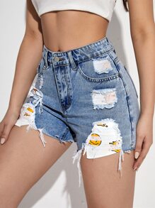 Cartoon Graphic Ripped Raw Hem Denim Shorts - Medium Wash - View 4