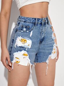 Cartoon Graphic Ripped Raw Hem Denim Shorts - Medium Wash - View 5