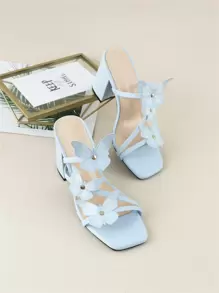 Butterfly & Studded Decor Chunky Heeled Mule Sandals - Baby Blue - View 1