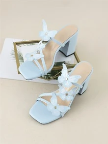 Butterfly & Studded Decor Chunky Heeled Mule Sandals - Baby Blue - View 2