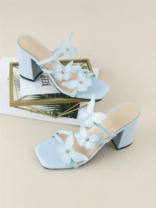 Butterfly & Studded Decor Chunky Heeled Mule Sandals - Baby Blue - View 4