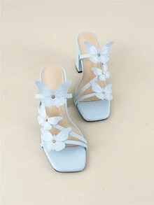Butterfly & Studded Decor Chunky Heeled Mule Sandals - Baby Blue - View 5