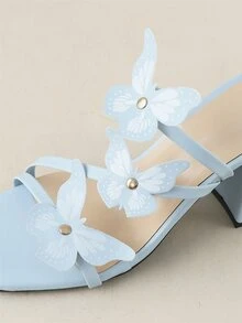 Butterfly & Studded Decor Chunky Heeled Mule Sandals - Baby Blue - View 6