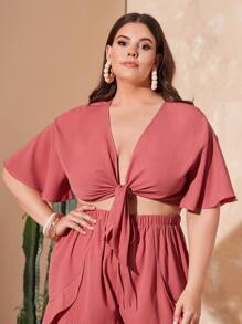 SHEIN VCAY Plus Knot Front Butterfly Sleeve Crop Top - Dusty Pink - View 2