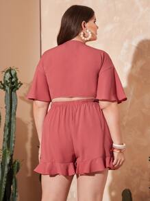 SHEIN VCAY Plus Knot Front Butterfly Sleeve Crop Top - Dusty Pink - View 3