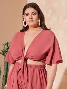 SHEIN VCAY Plus Knot Front Butterfly Sleeve Crop Top - Dusty Pink - View 4