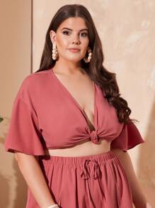 SHEIN VCAY Plus Knot Front Butterfly Sleeve Crop Top - Dusty Pink - View 5