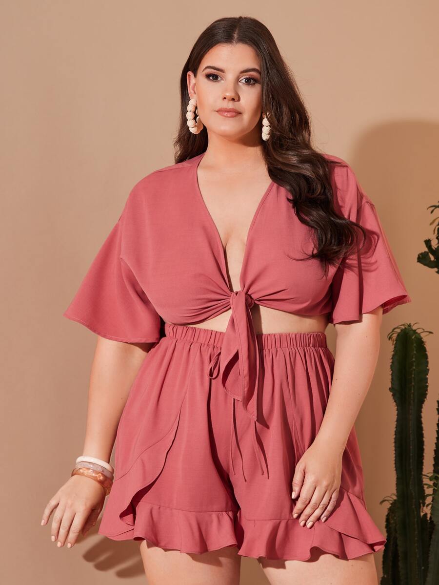 SHEIN VCAY Plus Knot Front Butterfly Sleeve Crop Top - Dusty Pink - View 1