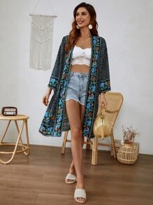 小碎花印花前开襟和服，适合夏季海滩度假