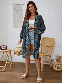 小碎花印花前开襟和服，适合夏季海滩度假