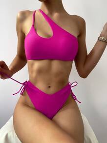 Cut-Out One Shoulder High Cut Bikini - Hot Pink - View 1