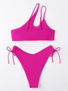 Cut-Out One Shoulder High Cut Bikini - Hot Pink - View 2