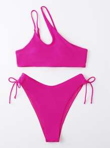 Cut-Out One Shoulder High Cut Bikini - Hot Pink - View 3