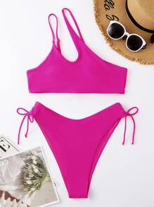 Cut-Out One Shoulder High Cut Bikini - Hot Pink - View 4